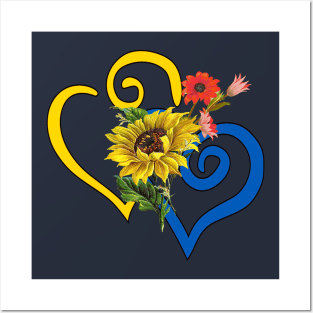 Red and Gold Sunflower Bouquet on Sapphire Blue and Yellow Curvy Heart Posters and Art